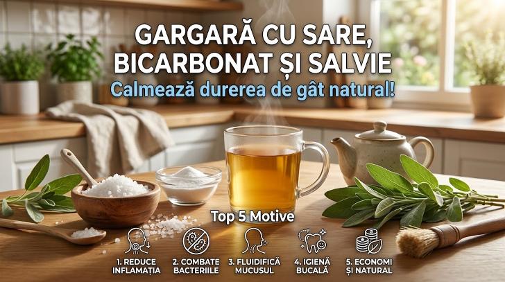 Gargara cu sare, bicarbonat si salvie pentru dureri de gat