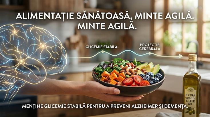 Mână care ține un bol cu alimente sănătoase, alături de o grafică luminoasă a creierului uman