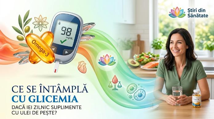 Femeie tine in mana un pahar cu apa si langa ea are o cutie de omega 3.
