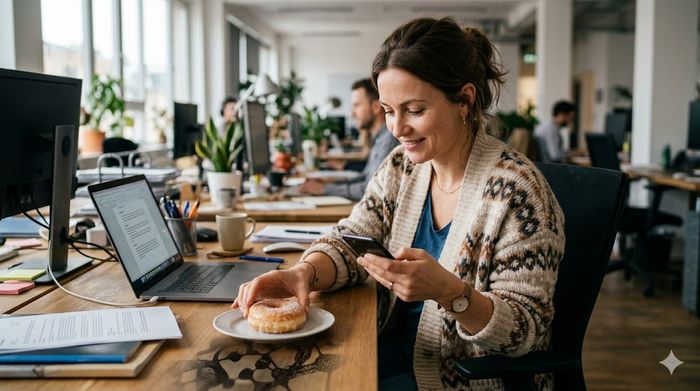 Femeie la birou, zâmbind la telefon, luând o gogoașă glasată de pe farfurie.