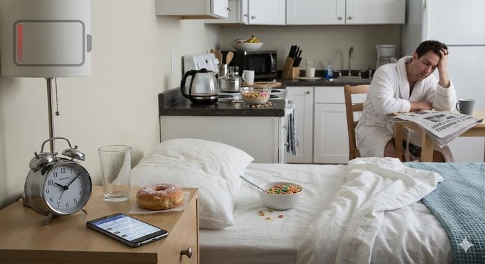 Bărbat epuizat așezat la masa din bucătărie dimineața, într-o cameră dezordonată, înconjurat de indicii ale unor obiceiuri matinale greșite precum mic dejun nesănătos (gogoașă, cereale cu zahăr) și telefonul lângă pat, ilustrând o stare de energie scăzută simbolizată grafic de o baterie roșie pe lampă.