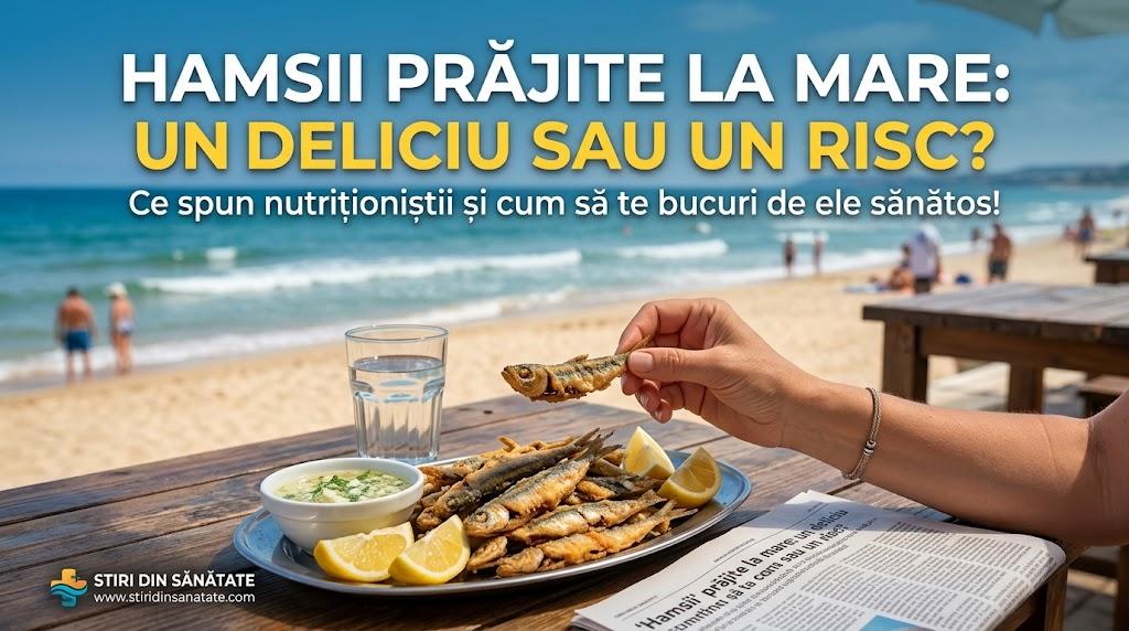 Platou cu hamsii prajite crocante, lamaie si mujdei pe terasa la malul marii.