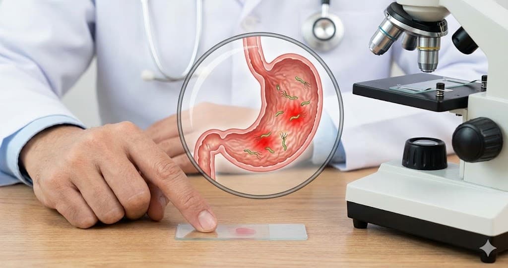 Medic diagnosticând gastrita: diagramă cu stomac inflamat de bacteria Helicobacter pylori văzută sub lupă.