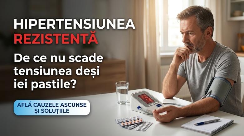 Bărbat îngrijorat care își măsoară tensiunea arterială mare la tensiometru, lângă pastile.