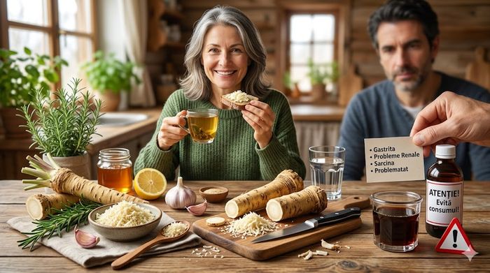 Hrean proaspăt și remedii naturale, ilustrând beneficiile și contraindicațiile pentru sănătate.