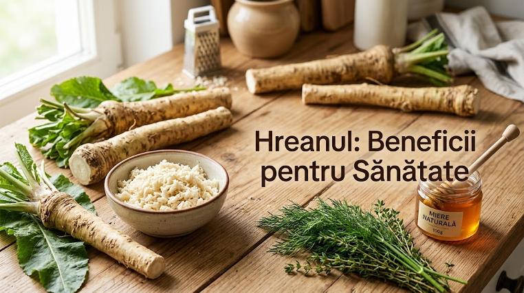 Rădăcini proaspete de hrean, bol cu hrean ras și borcan cu miere pe o masă rustică din lemn.