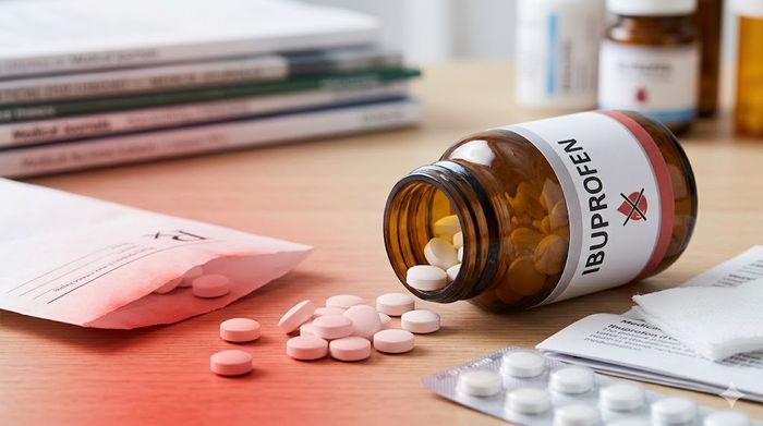Flacon răsturnat cu pastile de ibuprofen pe o masă medicală, sugerând riscul de sângerare gastrică.