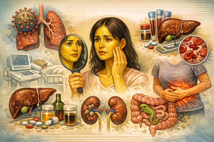 Icter: o femeie îngrijorată se privește în oglindă, înconjurată de ilustrații de ficat, plămâni și teste medicale.
