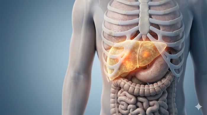 Ilustrație 3D a corpului uman cu ficatul gras evidențiat luminos, indicând afecțiuni hepatice.