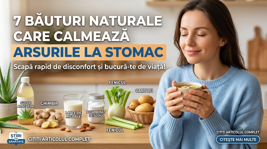 Femeie ce bea ceai cald de mușețel lângă ingrediente naturale ce calmează arsurile la stomac