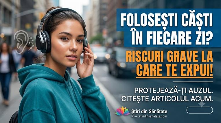 Imagine publicitară cu o tânără purtând căști în oraș și textul: Riscuri grave pentru auz.