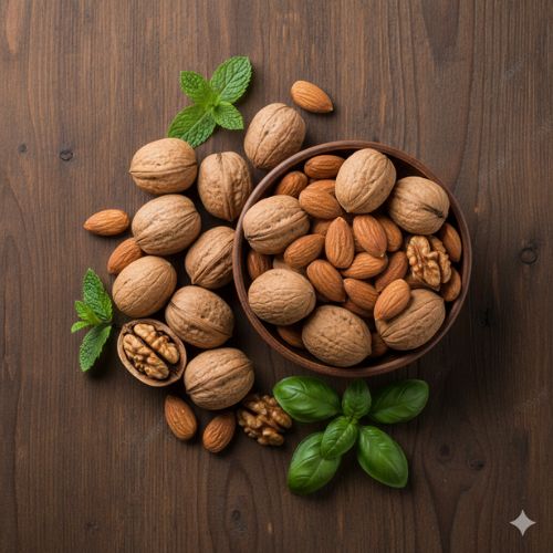 Selecție rustică și sănătoasă de nuci și migdale, esențiale pentru sănătatea inimii și funcția cerebrală.