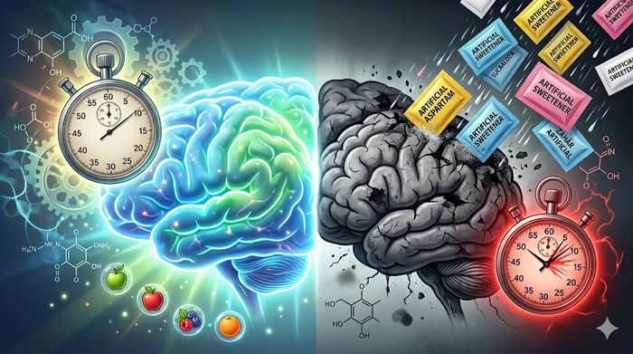Contrast între creier sănătos (stânga) și creier îmbătrânit prematur de îndulcitori (dreapta).