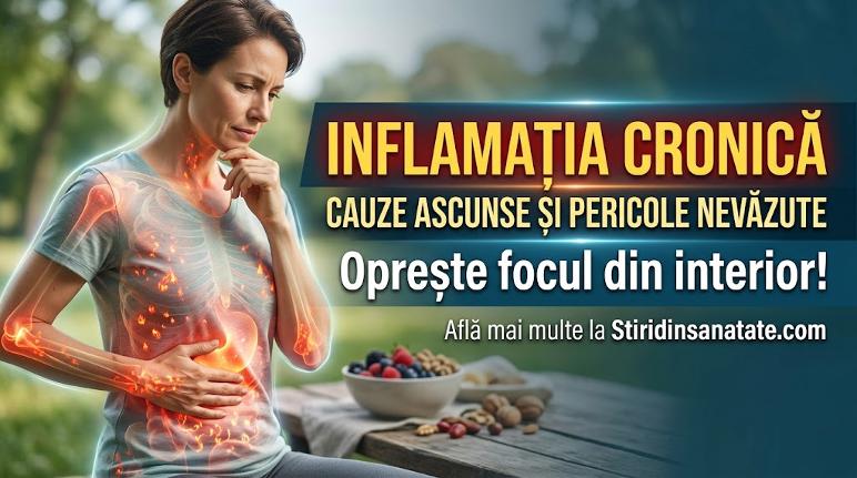 Femeie cu semne de inflamație cronică internă și masă cu alimente antiinflamatoare