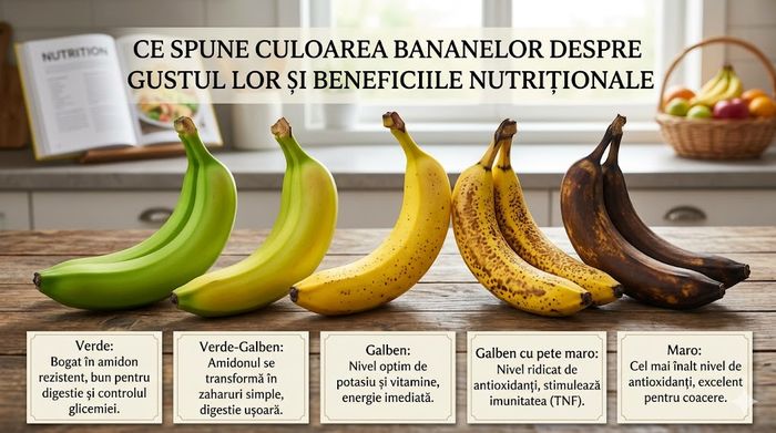 Infografic: Culoarea bananelor și beneficiile nutriționale, cu cinci stadii de coacere pe masă.