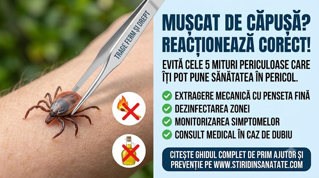 Imagine informativă despre mușcătura de căpușă, extragerea cu penseta și miturile periculoase de evitat.