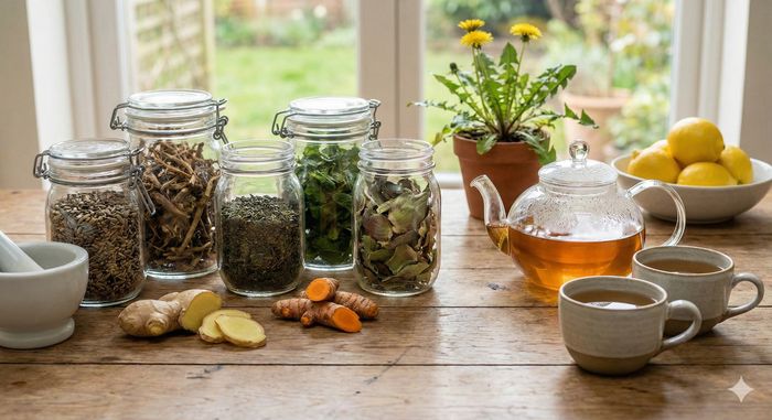 Selecție de ingrediente naturale pentru ceaiuri de ficat, inclusiv ghimbir, turmeric, plante uscate în borcane și un ceainic cu infuzie pe o masă de lemn.