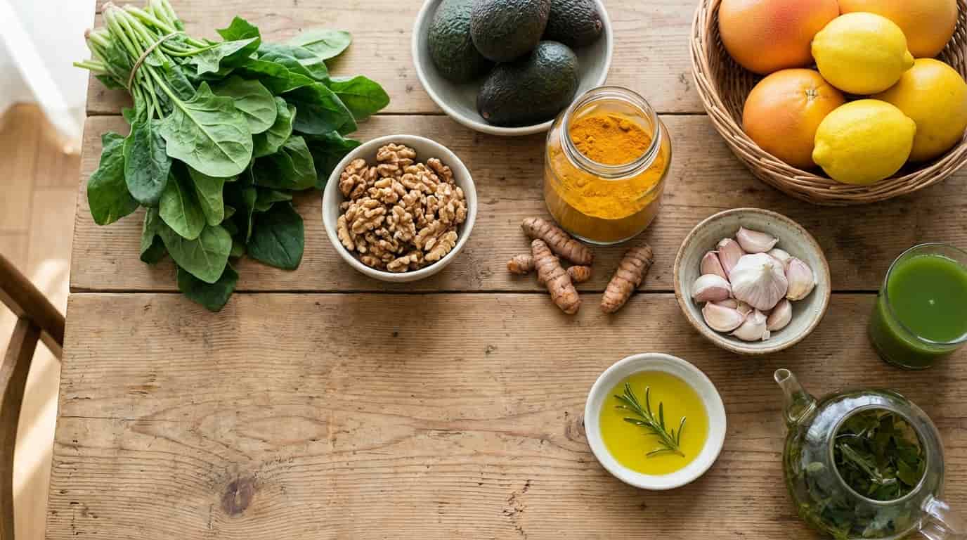 Ingrediente sănătoase: spanac, avocado, nuci, turmeric, usturoi, lămâi și ulei de măsline pe masă de lemn.