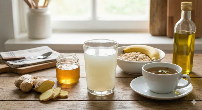 Ingrediente naturale din bucătărie folosite ca remedii pentru gastrită, așezate pe o masă de lemn: un pahar cu suc de cartofi cruzi, rădăcină de ghimbir feliată, un borcan cu miere, un bol cu fulgi de ovăz și banană, ceai din plante și o sticlă de ulei de măsline