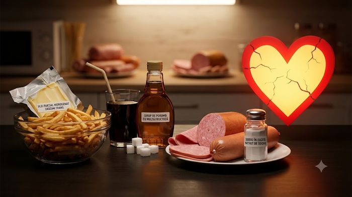 Ingrediente nesănătoase pe masă lângă o inimă luminoasă crăpată