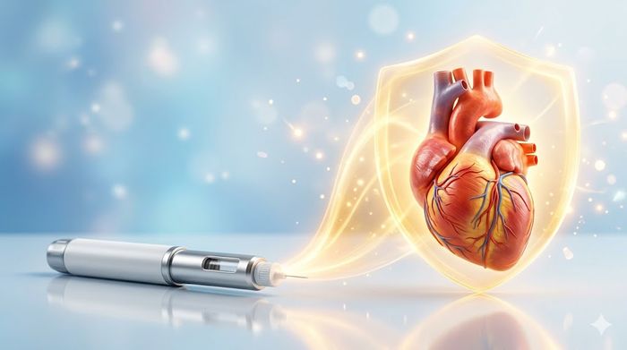 Injecție medicală generând un scut auriu protector în jurul unei inimi sănătoase.