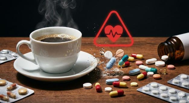 Descriere alternativă:  Această imagine servește drept un avertisment vizual puternic despre pericolele combinării cafelei cu anumite medicamente. Simbolul roșu de alertă cu inima și linia EKG indică riscuri cardiovasculare potențiale, cum ar fi creșterea ritmului cardiac sau palpitațiile, care pot apărea atunci când cofeina interacționează cu substanțele din unele pastile. Pastilele împrăștiate în jurul ceștii de cafea sugerează o varietate de medicamente, cum ar fi unele antibiotice, antidepresive, suplimente de fier sau medicamente pentru astm, a căror eficacitate poate fi redusă sau ale căror efecte secundare pot fi amplificate de cafea. Este esențial să verificați întotdeauna prospectul și să discutați cu medicul sau farmacistul pentru a evita astfel de interacțiuni periculoase.