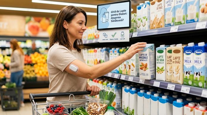 O femeie cu diabet și CGM alege lapte de migdale neîndulcit într-un supermarket.