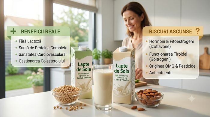 Sticle de lapte de soia în bucătărie cu liste de beneficii și riscuri nutriționale.
