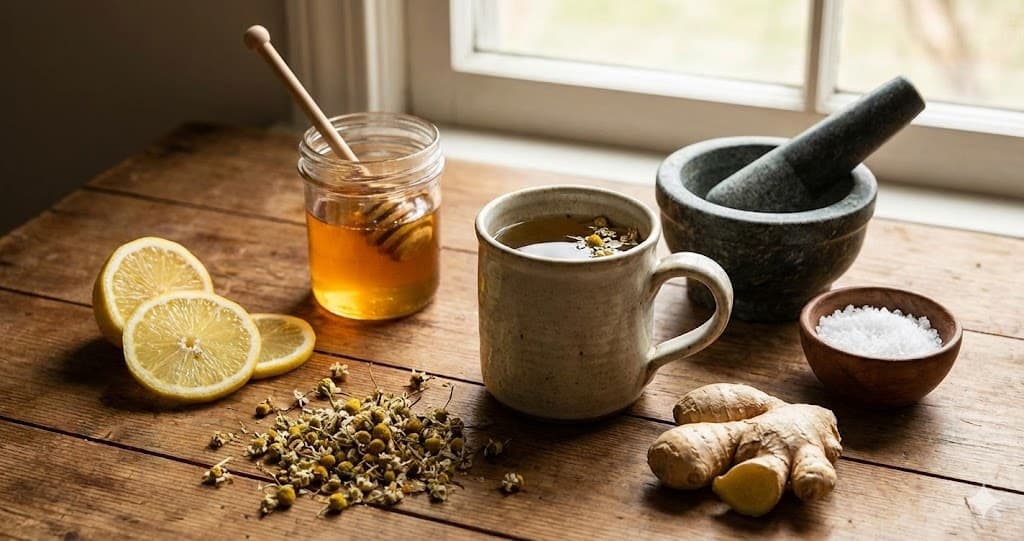 Remedii naturale pentru gât: ceai, miere, lămâie, ghimbir și mușețel pe masă de lemn lângă fereastră.
