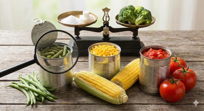 Imagine conceptuală care compară legumele la conservă cu cele proaspete pe o masă rustică de lemn. O lupă este poziționată deasupra unei conserve deschise de fasole verde, sugerând o examinare atentă. Alături se află conserve deschise de porumb și roșii, acompaniate de variantele lor proaspete: știuleți de porumb, păstăi de fasole verde și roșii întregi. În fundal, o balanță de modă veche echilibrează un taler cu cuburi de zahăr și sare (reprezentând aditivii) cu un taler plin cu broccoli proaspăt, ilustrând o comparație a valorii nutriționale.