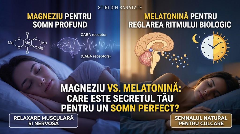 Comparație infografică: Magneziu pentru relaxare vs Melatonină pentru ritmul biologic în somn.