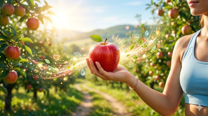 Mână ținând un măr roșu care emană simboluri de vitalitate și sănătate naturală, într-o livadă.