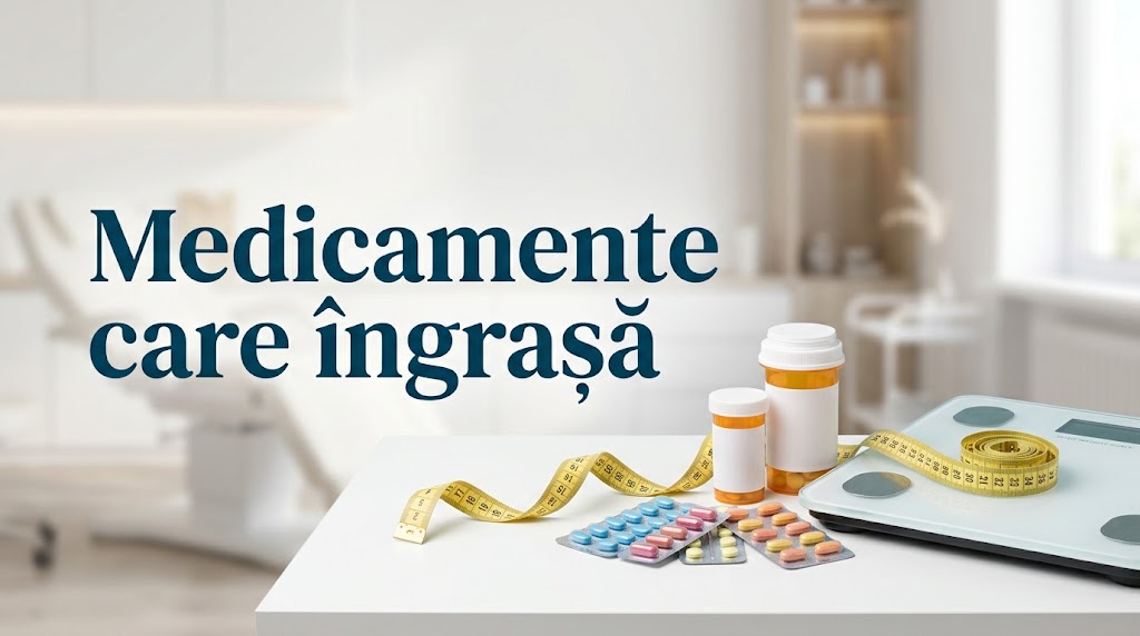 Medicamente care îngrașă, pastile, centimetru și cântar pe masă în cabinet medical.