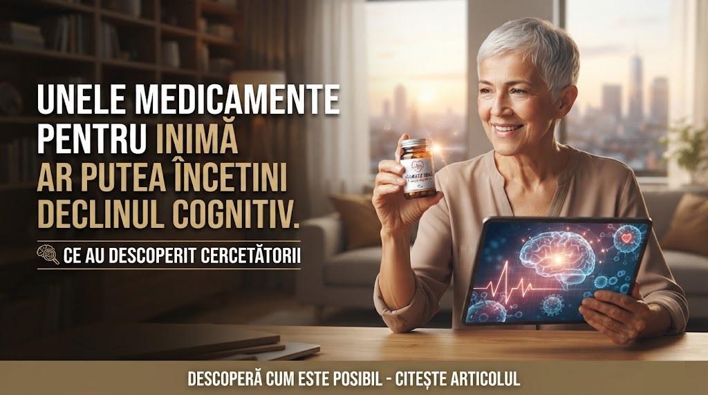 Femeie zâmbitoare ținând medicamente și tabletă cu grafică cerebrală.