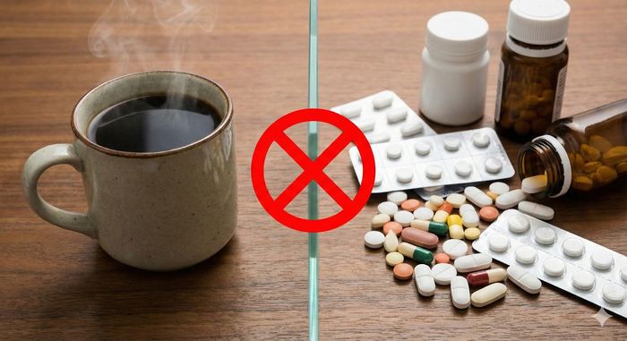 Cană de cafea aburindă separată printr-un simbol X roșu de o varietate de pastile, blistere și flacoane de medicamente, ilustrând vizual riscurile și interdicția asocierii cofeinei cu anumite tratamente.
