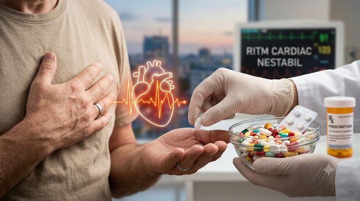 Pacient cu palpitații primind medicamente care afectează ritmul cardiac de la un doctor.