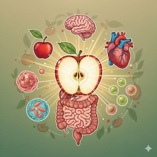 Ilustrație care prezintă un măr tăiat pe jumătate în centru, de la care pornesc raze de lumină către diverse organe umane stilizate, simbolizând beneficiile multiple pentru sănătate: creier, inimă, intestine, celule imunitare și microbiom intestinal, pe un fundal verde estompat cu siluete de mere și frunze.