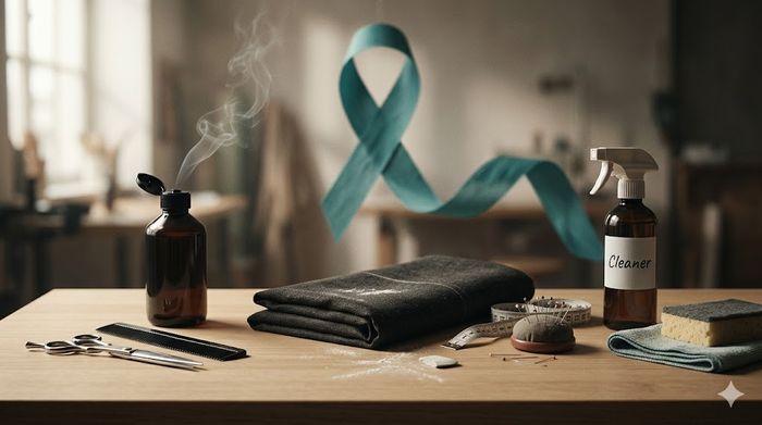 Obiecte de coafor, croitorie și curățenie alături de o panglică teal pentru cancer ovarian.