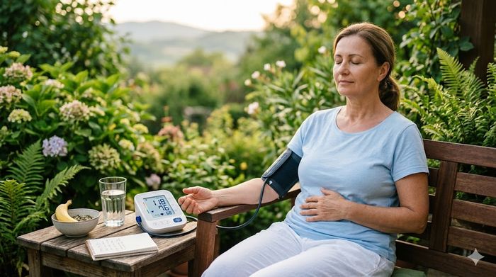 Femeie măsurând tensiunea arterială în natură, practicând tehnici de relaxare pentru a o scădea.