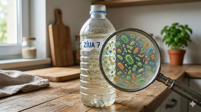 Imagine microscopică cu bacterii și microbi într-o sticlă de apă refolosită timp de o săptămână.