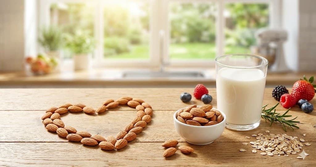 Migdale proaspete și sănătoase, ilustrând beneficiile lor esențiale pentru protecția inimii.