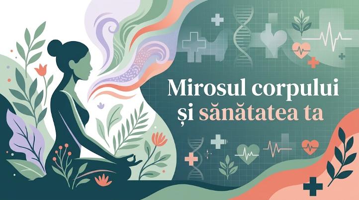Ilustrație medicală despre legătura dintre mirosul corporal, metabolism și semnalele de sănătate.