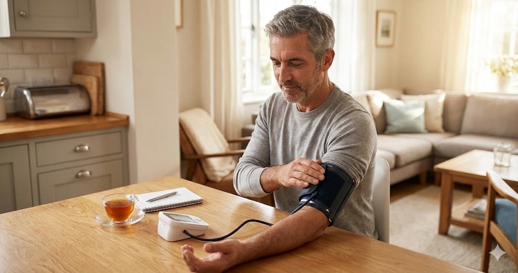 Bărbat de vârstă mijlocie își monitorizează tensiunea arterială acasă cu un tensiometru digital.