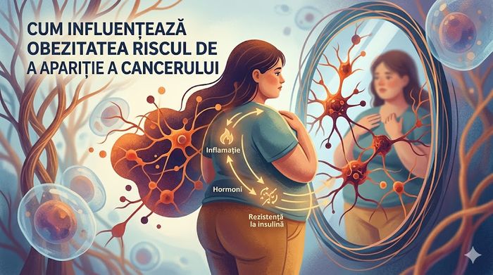 Ilustrație medicală despre legătura dintre obezitate, inflamație, hormoni și riscul de cancer