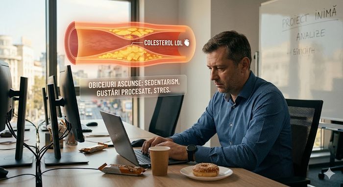Bărbat sedentar la birou cu gustări procesate și ilustrația unei artere cu colesterol.