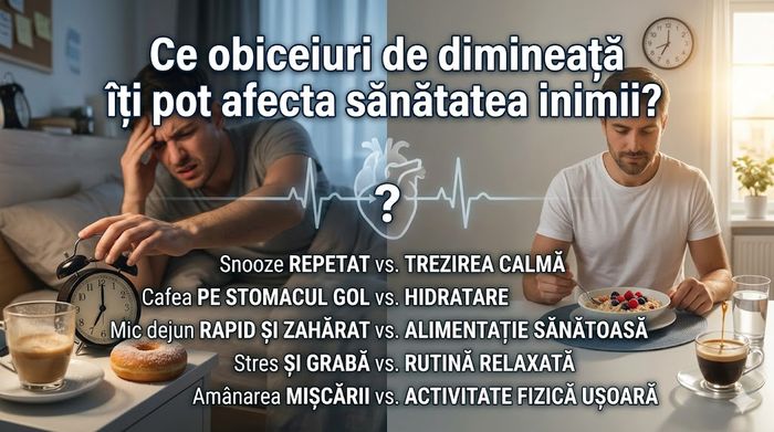 Comparație vizuală între obiceiuri matinale nesănătoase și sănătoase pentru inimă.