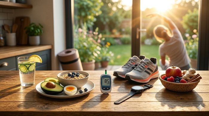 Un mic dejun sănătos, apă, aparat de glicemie și o persoană făcând mișcare, pentru controlul glicemiei matinal.