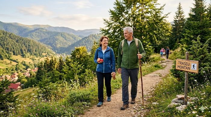 Cuplu român în drumeție pe traseu montan, promovând un stil de viață activ și sănătos pentru inimă.