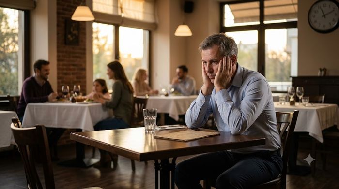 Bărbat obosit și abătut stând la o masă goală dintr-un restaurant, sugestiv pentru săritul peste mese.
