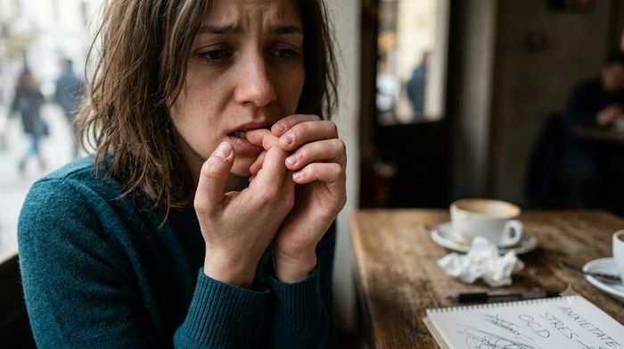 Femeie anxioasă într-o cafenea care își roade unghiile din cauza stresului emoțional.